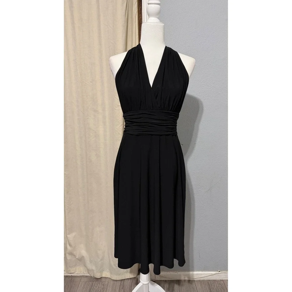 Jones Wear Babydoll Dress Size 8 Black Halter Midi Ruched Waist Marilyn Monroee